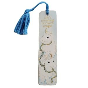 Vintage 80s Bookmark White Unicorns Sky Gold Embossed 1982 Antioch Sunshine H-98